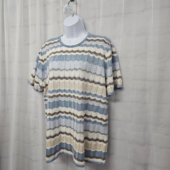 Vintage Alfred Dunner Blue Tan Chevron Striped Short Sleeve Sweater Pointelle 2X - Picture 5 of 11